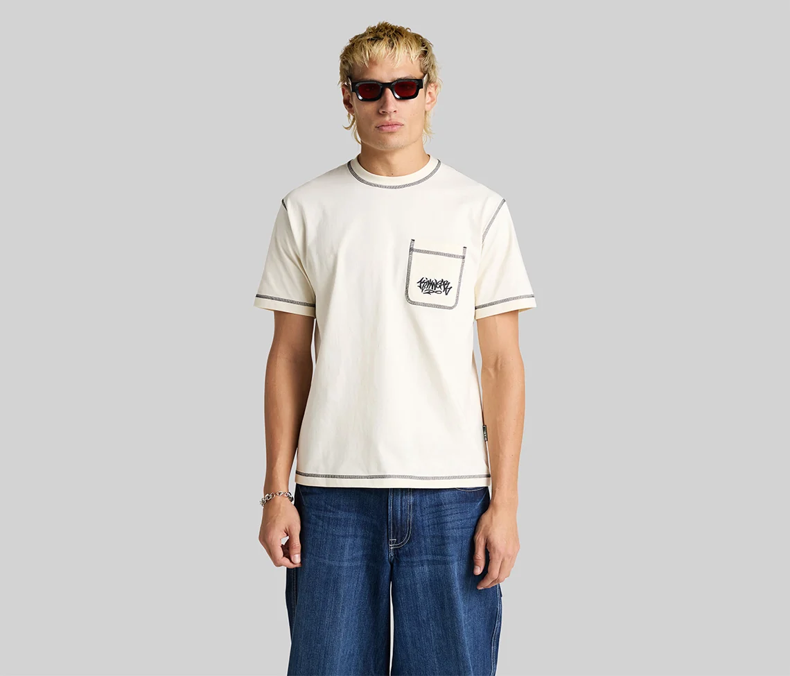 GRAFFITI EMBROIDERY POCKET TEE - NATURAL